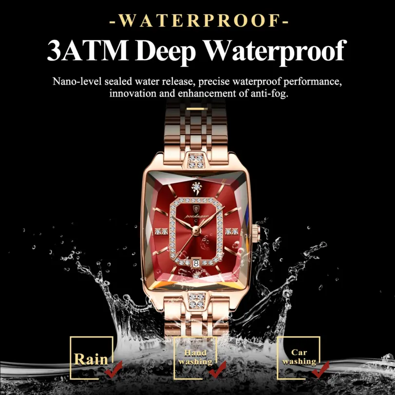 POEDAGAR Reloj elegante de lujo para mujer, Reloj rectangular resistente al agua con fecha para mujer, relojes de cuarzo de acero inoxidable para mujer, Reloj femenino 3