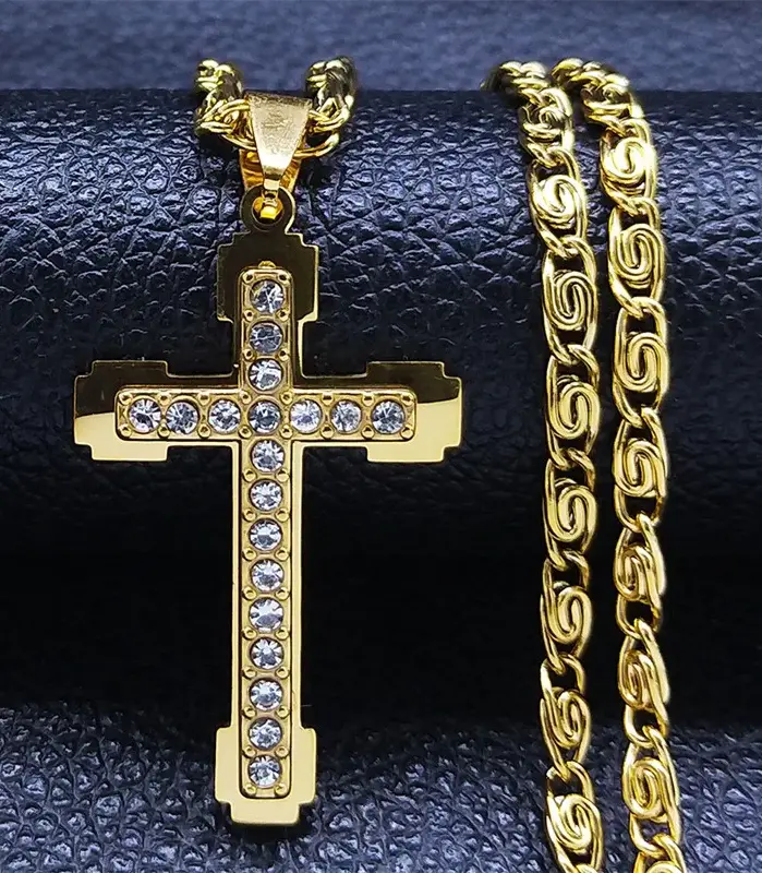 HNSP-colgante de collar con cruz de circón de lujo de acero inoxidable para hombres y mujeres, accesorios de joyería 1