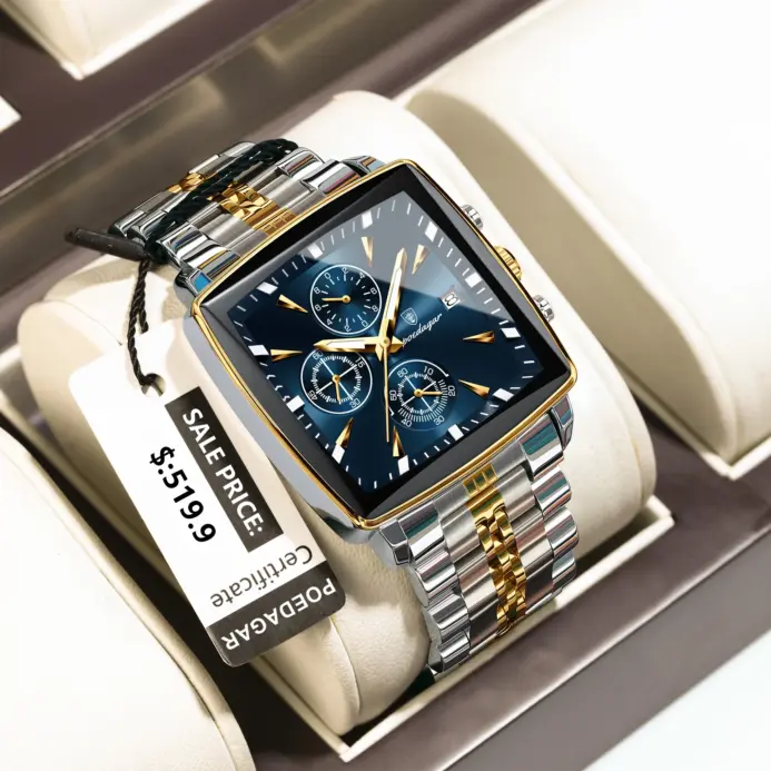 Reloj POEDAGAR a la moda para hombre, Reloj de pulsera luminoso resistente al agua con cronógrafo y fecha para hombre, Reloj cuadrado de cuarzo de acero inoxidable para hombre 1