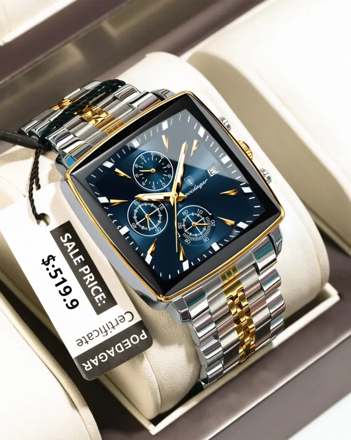 Reloj POEDAGAR a la moda para hombre, Reloj de pulsera luminoso resistente al agua con cronógrafo y fecha para hombre, Reloj cuadrado de cuarzo de acero inoxidable para hombre 1
