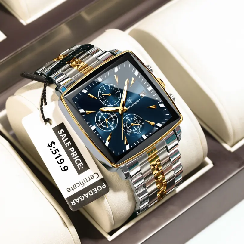 Reloj POEDAGAR a la moda para hombre, Reloj de pulsera luminoso resistente al agua con cronógrafo y fecha para hombre, Reloj cuadrado de cuarzo de acero inoxidable para hombre 1