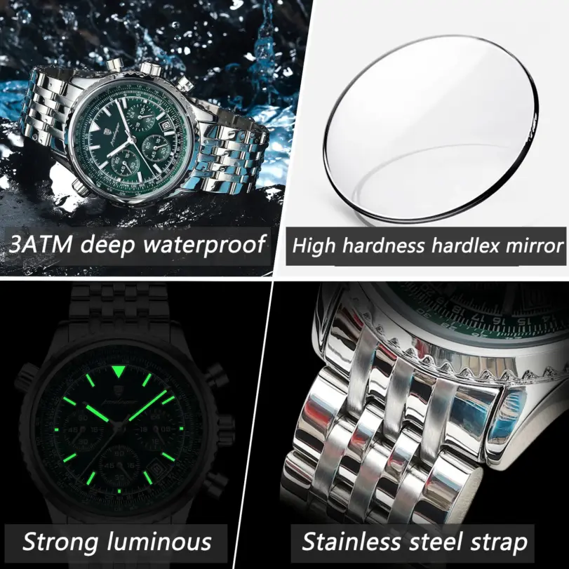 POEDAGAR, reloj militar de lujo para hombre, resistente al agua, luminoso, cronógrafo con fecha, reloj para hombre, relojes de cuarzo de acero inoxidable para negocios para hombre 4