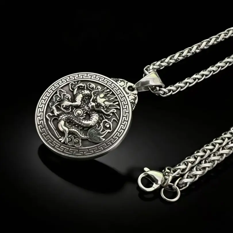 HNSP 316L Acero inoxidable diseño en relieve dragón tótem colgante collar para hombres accesorio de joyería Vintage 3