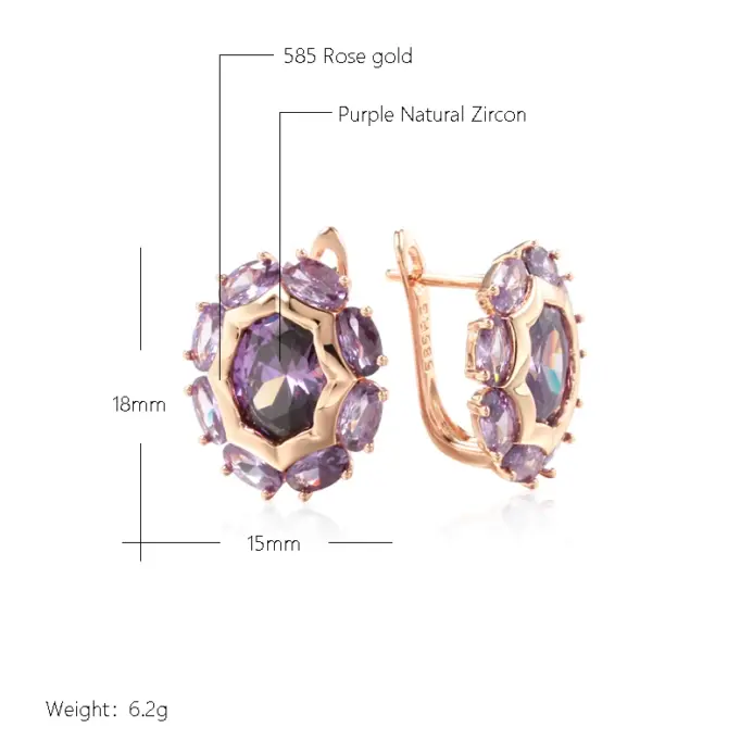 Kinel-pendientes ingleses de circonita Natural púrpura ovalada brillante inusual para mujer, joyería diaria de fiesta de Color oro rosa 585 de lujo 2