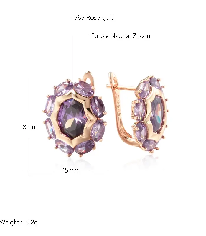 Kinel-pendientes ingleses de circonita Natural púrpura ovalada brillante inusual para mujer, joyería diaria de fiesta de Color oro rosa 585 de lujo 2
