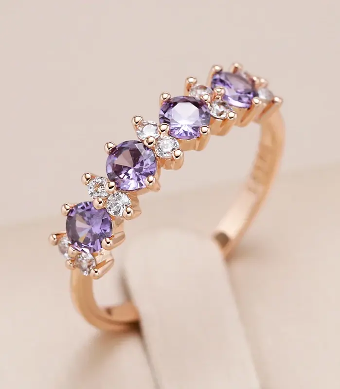 Anillo de circón Natural púrpura brillante para mujer, Color oro rosa 585, banda de boda redonda a juego, joyería fina diaria 1