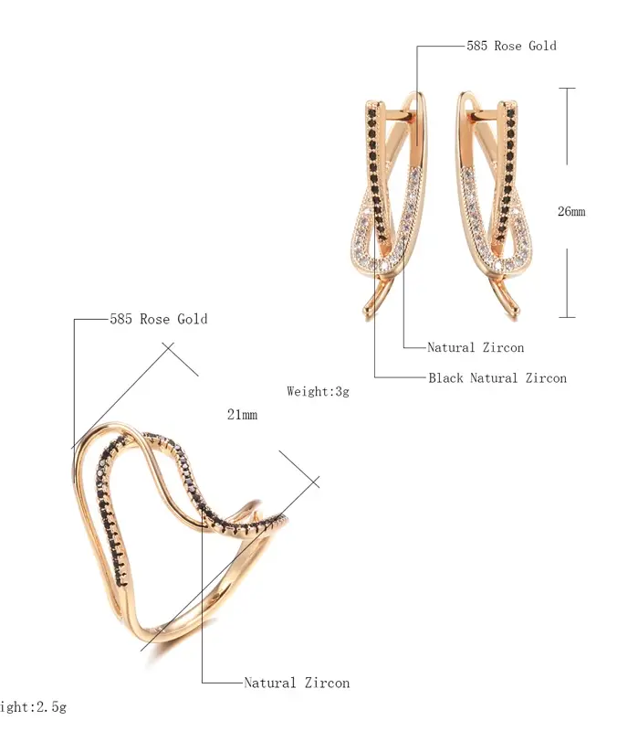 Kinel-Juego de anillos y pendientes de oro rosa 585 para mujer, conjunto de joyería de boda, Micro pavé, circonita Natural negra, anillo de dedo retorcido, novia 2