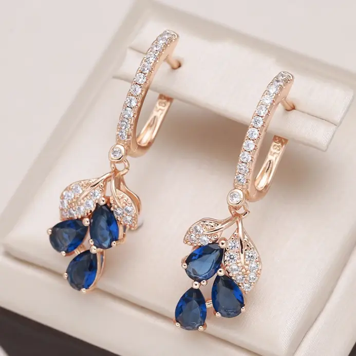 Kienl nuevo 585 pendiente largo de Color oro rosa para mujer Vintage azul circón Natural pendiente de gota de flor joyería diaria de alta calidad 1