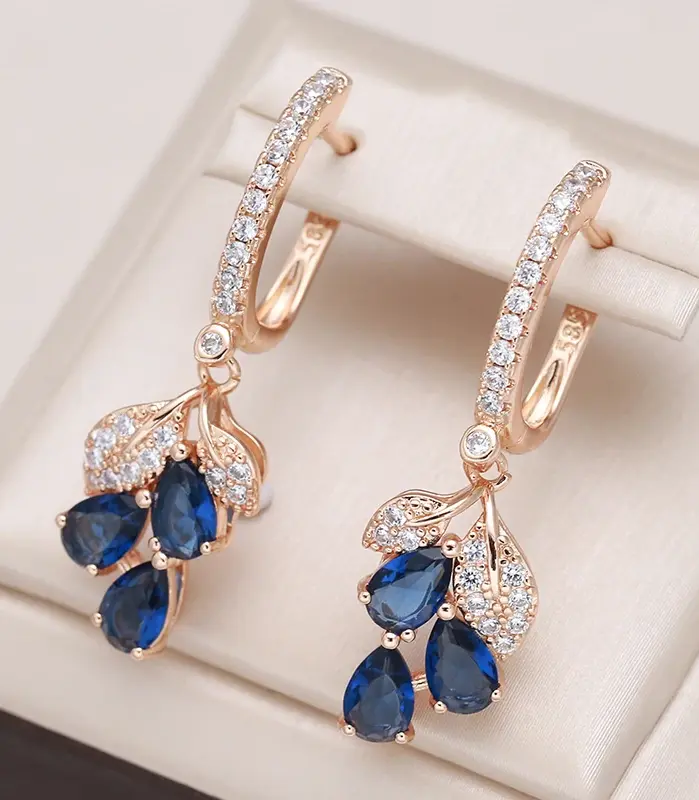 Kienl nuevo 585 pendiente largo de Color oro rosa para mujer Vintage azul circón Natural pendiente de gota de flor joyería diaria de alta calidad 1