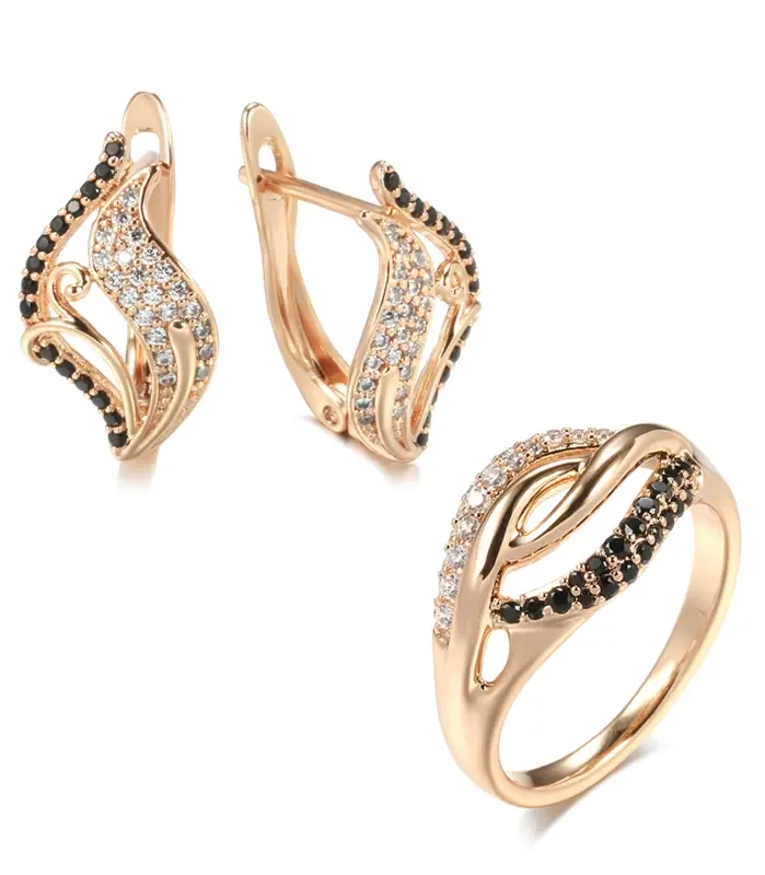 Kinel-Conjunto de anillos y pendientes de mariposa para mujer, sortija de circonita Natural de oro rosa 585, conjuntos de joyería creativos inusuales 1