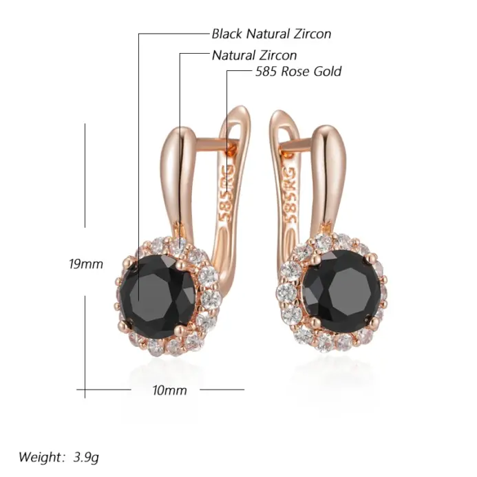 Kinel-pendientes ingleses de circonita Natural para mujer, aretes redondos negros brillantes, Color oro rosa 585, joyería fina para fiesta de boda Vintage para uso diario 2