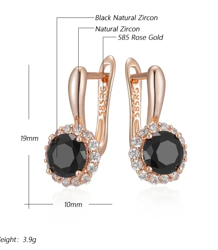 Kinel-pendientes ingleses de circonita Natural para mujer, aretes redondos negros brillantes, Color oro rosa 585, joyería fina para fiesta de boda Vintage para uso diario 2