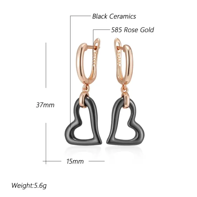 Pendientes largos Kinel de cerámica negra con forma de corazón para mujer, joyería Vintage diaria de alta calidad, Color oro rosa 585, Simple 2