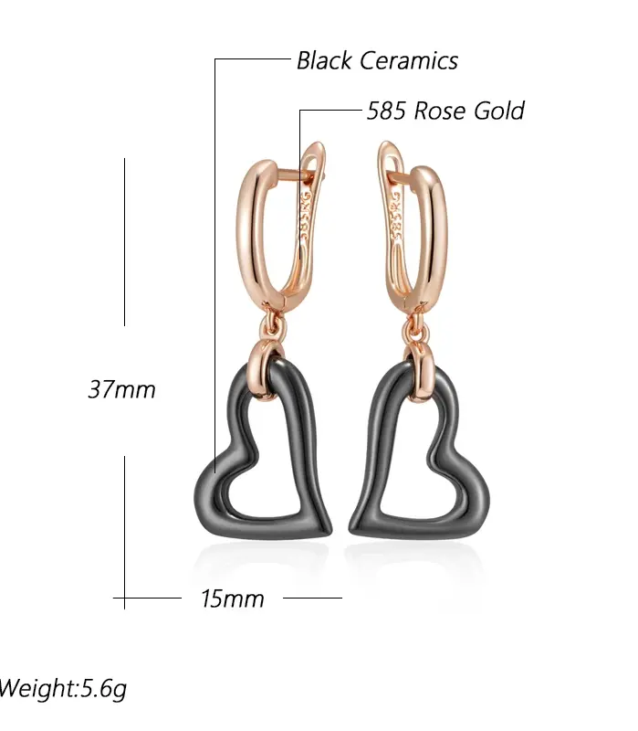 Pendientes largos Kinel de cerámica negra con forma de corazón para mujer, joyería Vintage diaria de alta calidad, Color oro rosa 585, Simple 2