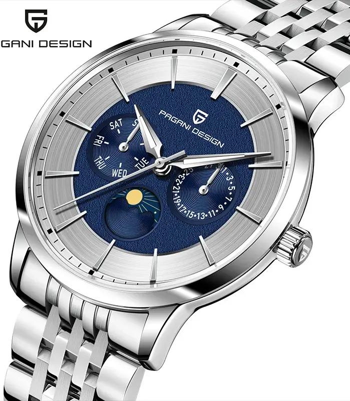 Pagani Design 40mm reloj de cuarzo multifuncional para hombre Japón Movt fase lunar 100m relojes de pulsera de cristal de zafiro impermeables para hombre 1