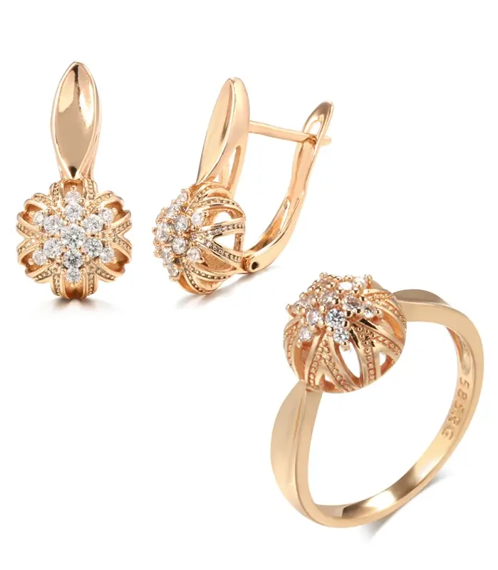 Kinel-conjunto de anillos y pendientes de oro rosa para mujer, aretes de flores huecas de circón Natural, joyería de boda hermosa, lujo, 585 1
