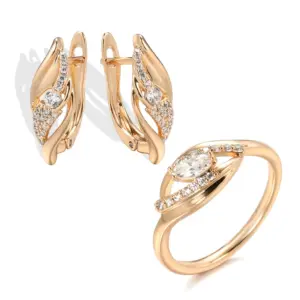 Kinel-pendientes colgantes de oro rosa 585 para mujer, conjunto de anillos de circón Natural, joyería Vintage 1