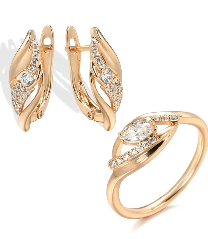 Kinel-pendientes colgantes de oro rosa 585 para mujer, conjunto de anillos de circón Natural, joyería Vintage 1