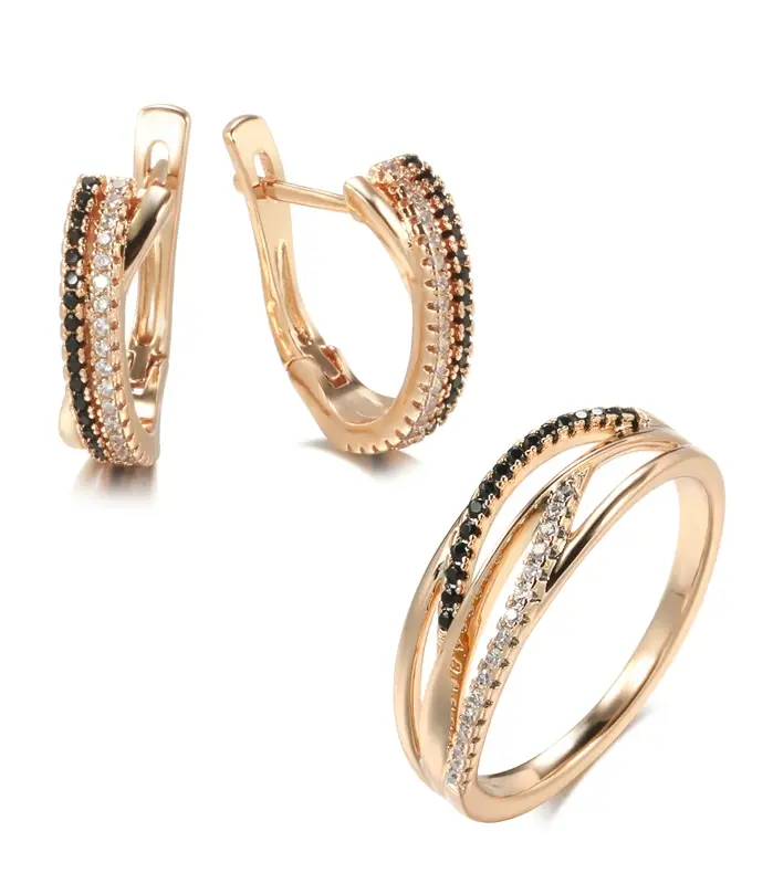 Kinel inusual 585 conjuntos de pendientes de anillo de oro rosa negro blanco circón Natural anillos geométricos cruzados para mujeres conjuntos de joyería Vintage 1