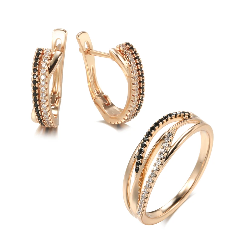 Kinel inusual 585 conjuntos de pendientes de anillo de oro rosa negro blanco circón Natural anillos geométricos cruzados para mujeres conjuntos de joyería Vintage 1 Kinel inusual 585 conjuntos de pendientes de anillo de oro rosa negro blanco circón Natural anillos geométricos cruzados para mujeres conjuntos de joyería Vintage 1