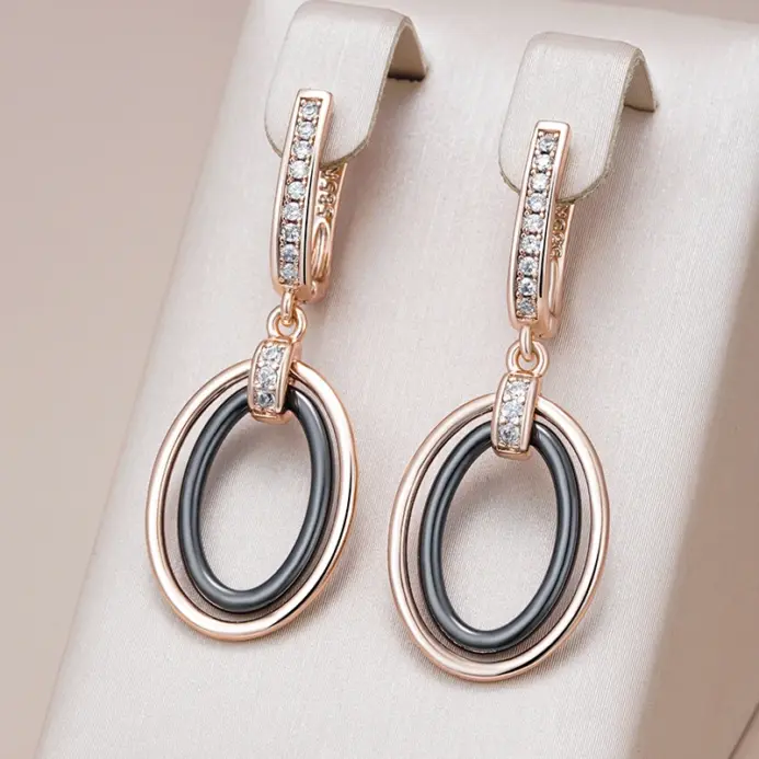 Pendientes largos Kinel de cerámica negra ovalada para mujer, Color oro rosa 585, accesorios de circón Natural, joyería fina diaria 1