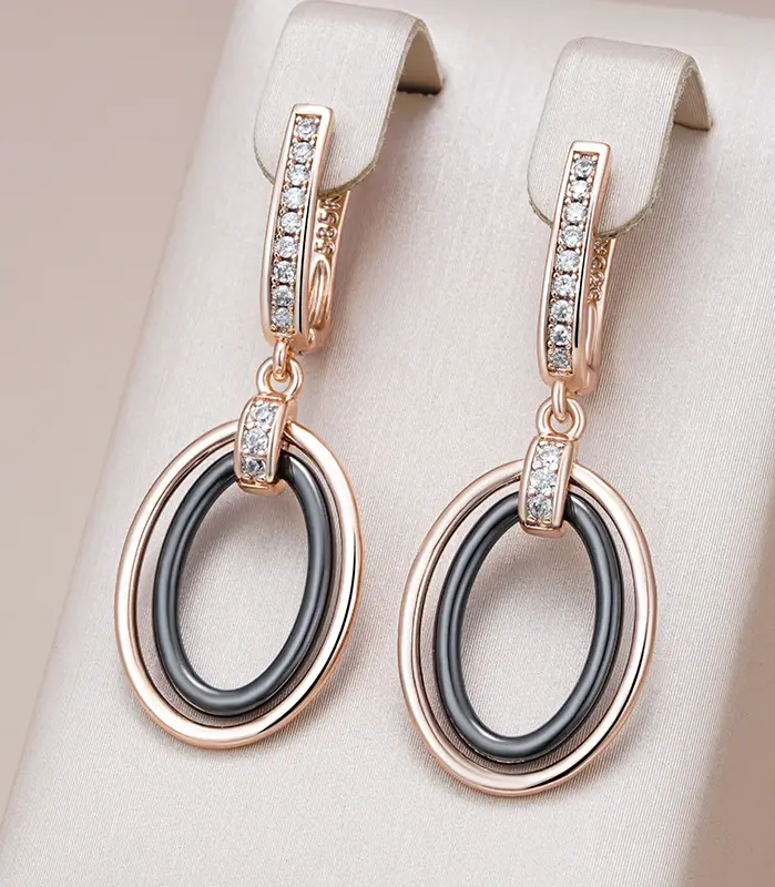 Pendientes largos Kinel de cerámica negra ovalada para mujer, Color oro rosa 585, accesorios de circón Natural, joyería fina diaria 1