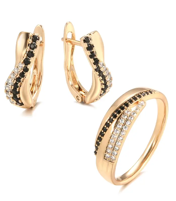 Kinel-Conjunto de anillos y pendientes de circonita Natural para mujer, aretes de oro rosa, joyería Vintage de lujo para boda, color negro, 585 1