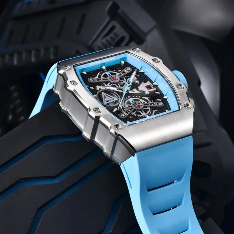 Pagani Design-relojes de cuarzo para hombre, esfera con mecanismo al descubierto, resistente al agua, deportivo, con cronógrafo de cristal de zafiro rectangular 5