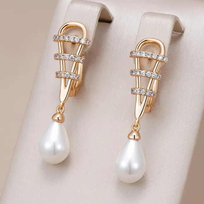 Kinel-pendientes de gota de agua con perlas para mujer, aretes de lujo, Color oro rosa 585, accesorios de circón Natural, joyería fina diaria 1