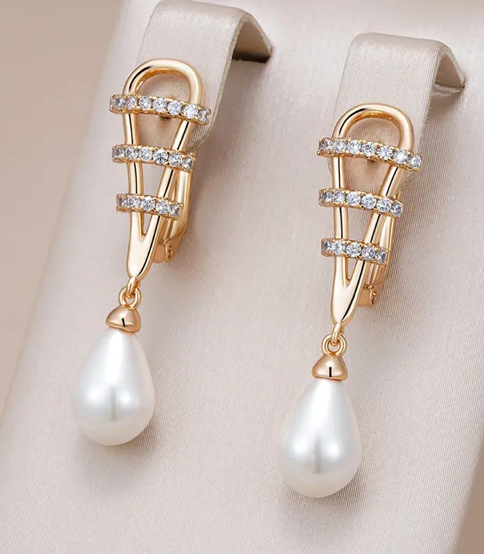 Kinel-pendientes de gota de agua con perlas para mujer, aretes de lujo, Color oro rosa 585, accesorios de circón Natural, joyería fina diaria 1