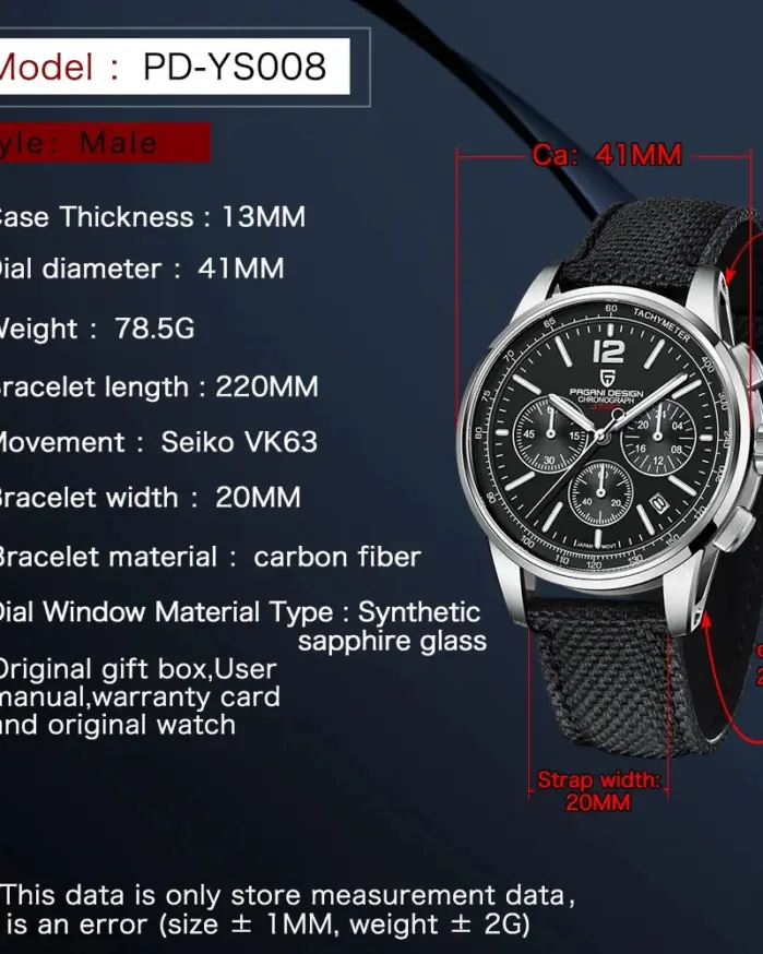 PAGANI DESIGN Reloj deportivo clásico de cuarzo para hombre de 41 mm Japón VK63 Movt 100 M cronógrafo de acero inoxidable de zafiro resistente al agua 2