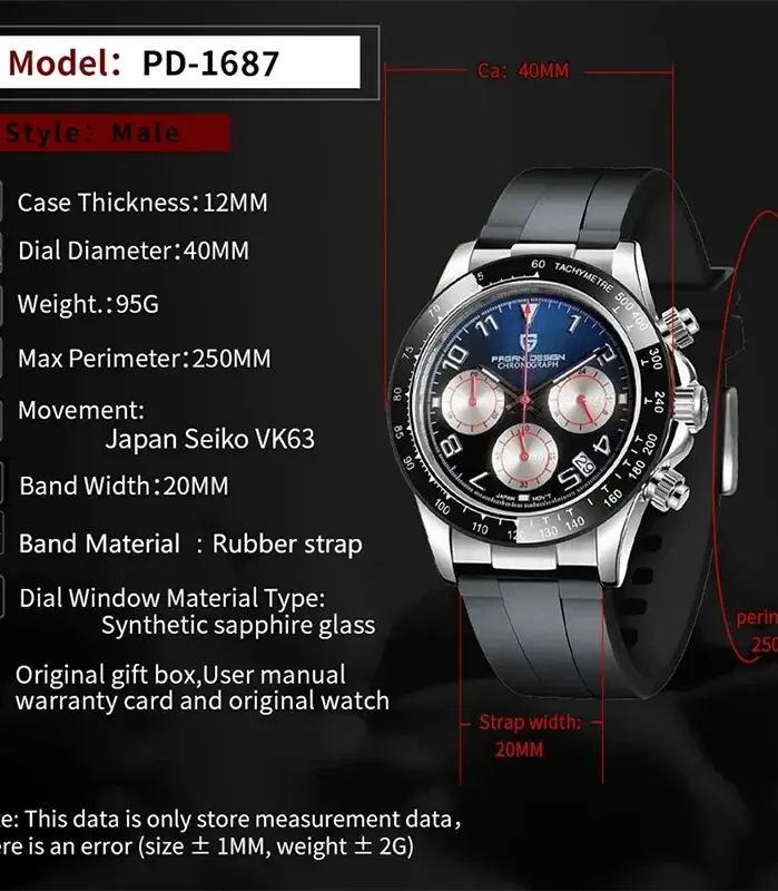 PAGANI DESIGN-Reloj analógico con correa de goma para Hombre, accesorio de pulsera de cuarzo resistente al agua con cronógrafo, movimiento japonés VK63, cristal de zafiro 2