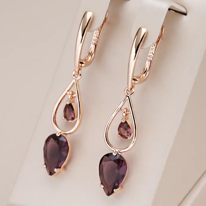 Kinel-pendientes largos de circonita Natural púrpura para mujer, accesorios de gota de agua de oro rosa 585, joyería diaria para boda 1