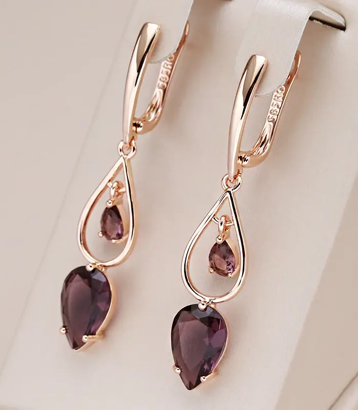 Kinel-pendientes largos de circonita Natural púrpura para mujer, accesorios de gota de agua de oro rosa 585, joyería diaria para boda 1