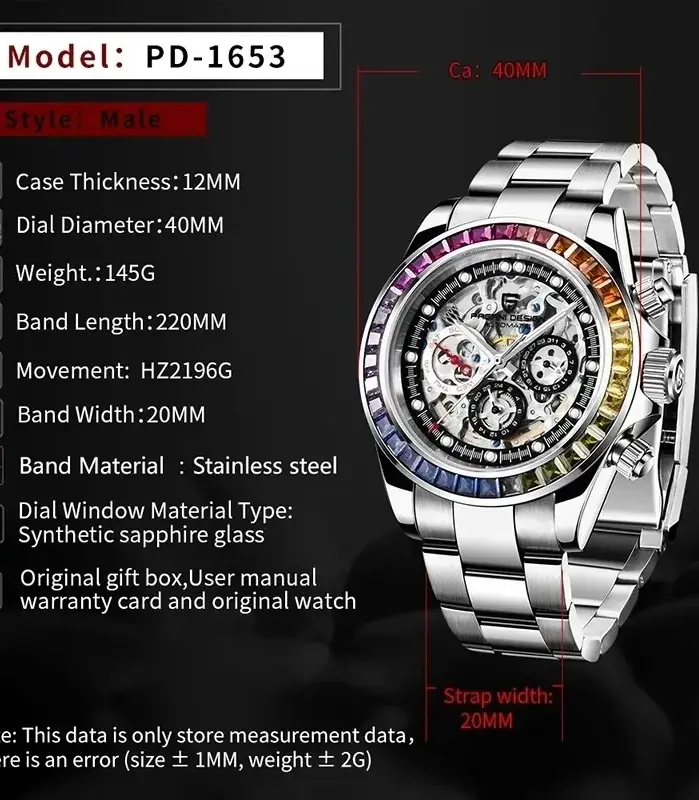 PAGANI Design-reloj mecánico automático para hombre, cronógrafo deportivo de acero inoxidable con esfera de esqueleto, arcoíris, círculo, zafiro 2