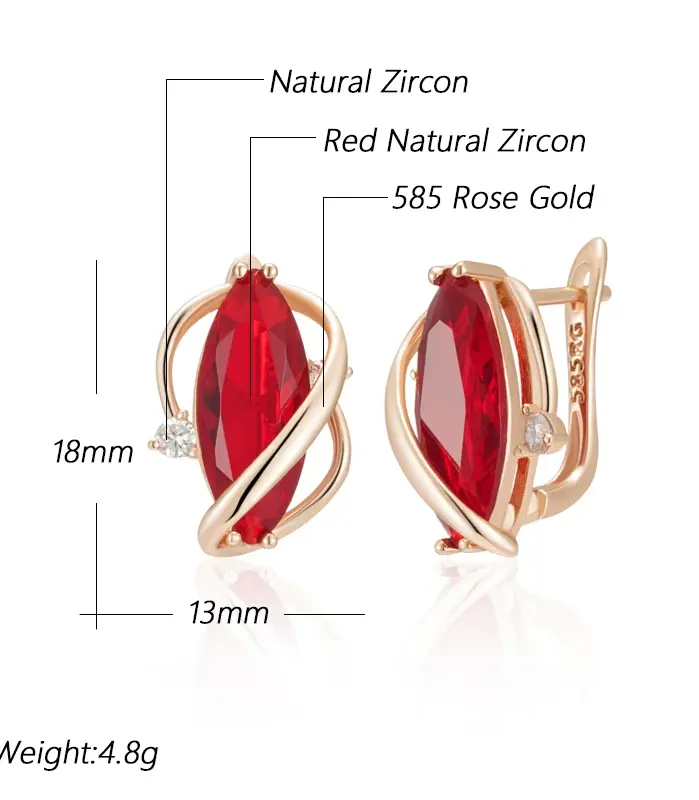 Pendientes Kinel de gota de circón Natural rojo brillante para mujer, moda 585, Color oro rosa, joyería Vintage fina diaria de alta calidad 2