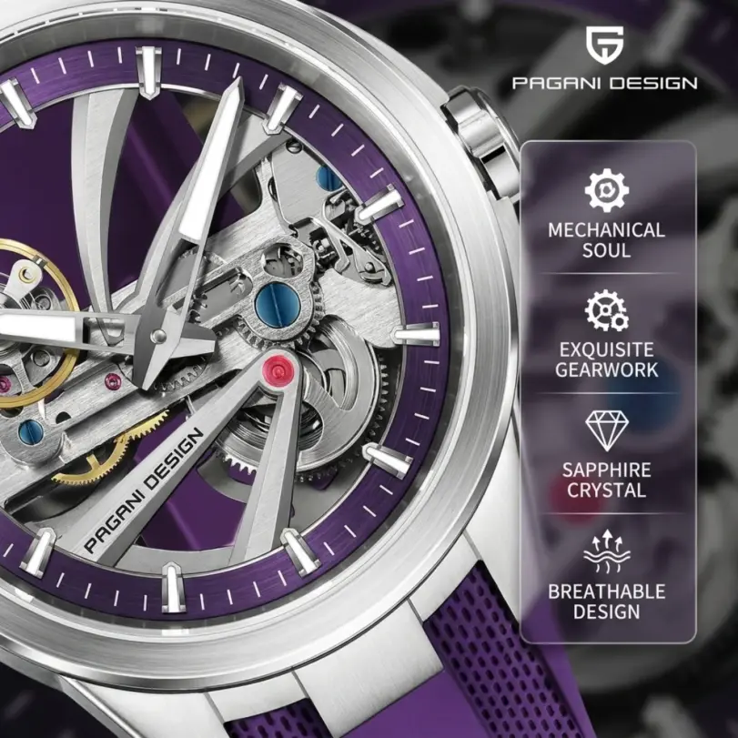 Pagani diseña un nuevo reloj mecánico hueco para hombre con cristal de zafiro con revestimiento AR, acero inoxidable, resistente al agua y automático. 4