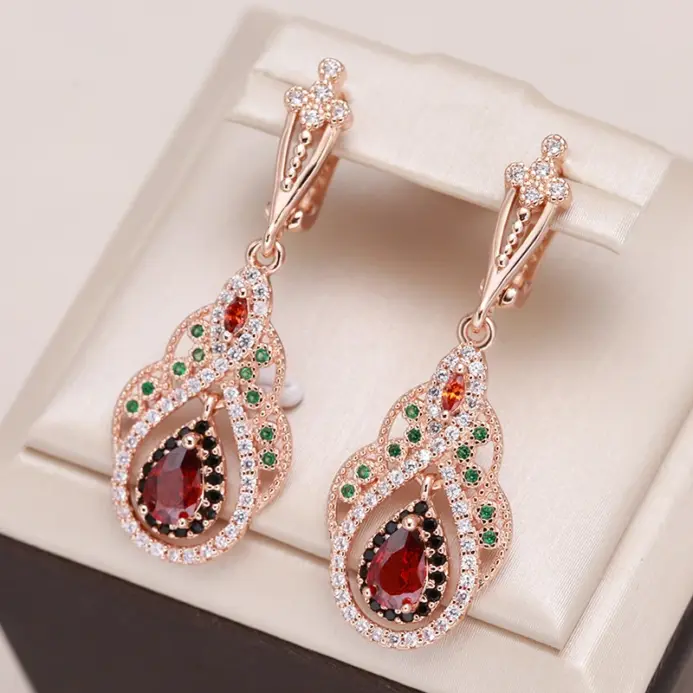 Kinel 2022 nuevo 585 pendientes colgantes de Color oro rosa para mujer flor de cristal pendientes de circón Natural rojo para mujer joyería Vintage 1