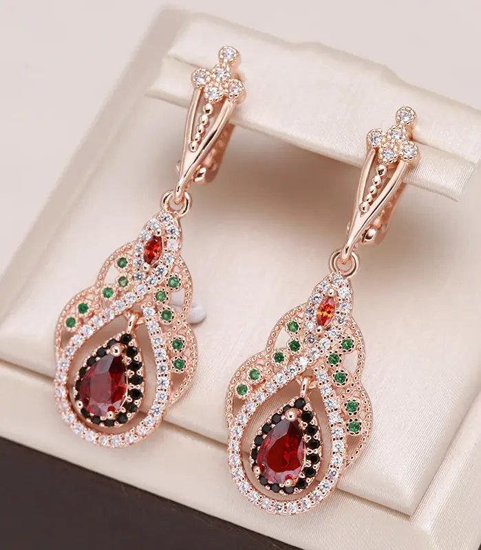 Kinel 2022 nuevo 585 pendientes colgantes de Color oro rosa para mujer flor de cristal pendientes de circón Natural rojo para mujer joyería Vintage 1