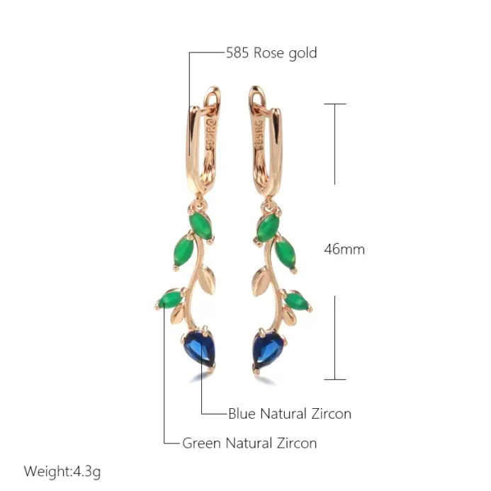 Kinel-pendientes colgantes de hoja larga para mujer, oro rosa 585, con circonita Natural verde brillante, accesorios Vintage, joyería fina para uso diario 2