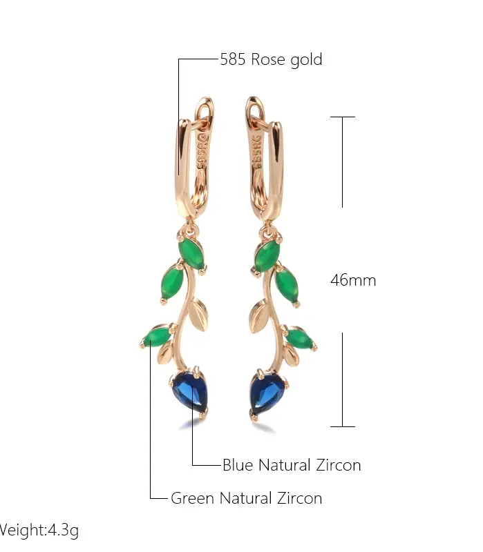 Kinel-pendientes colgantes de hoja larga para mujer, oro rosa 585, con circonita Natural verde brillante, accesorios Vintage, joyería fina para uso diario 2