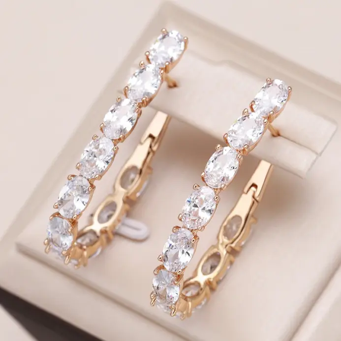 Kinel nueva moda 585 pendientes de aro de Color oro rosa para mujer joyería de boda Vintage pendientes grandes de circón Natural de lujo en inglés 1
