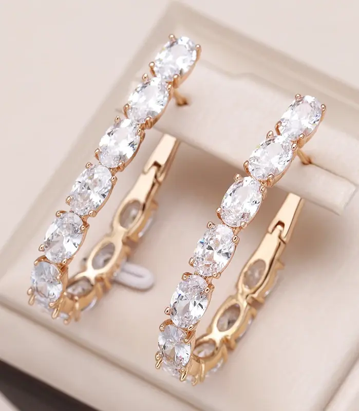 Kinel nueva moda 585 pendientes de aro de Color oro rosa para mujer joyería de boda Vintage pendientes grandes de circón Natural de lujo en inglés 1
