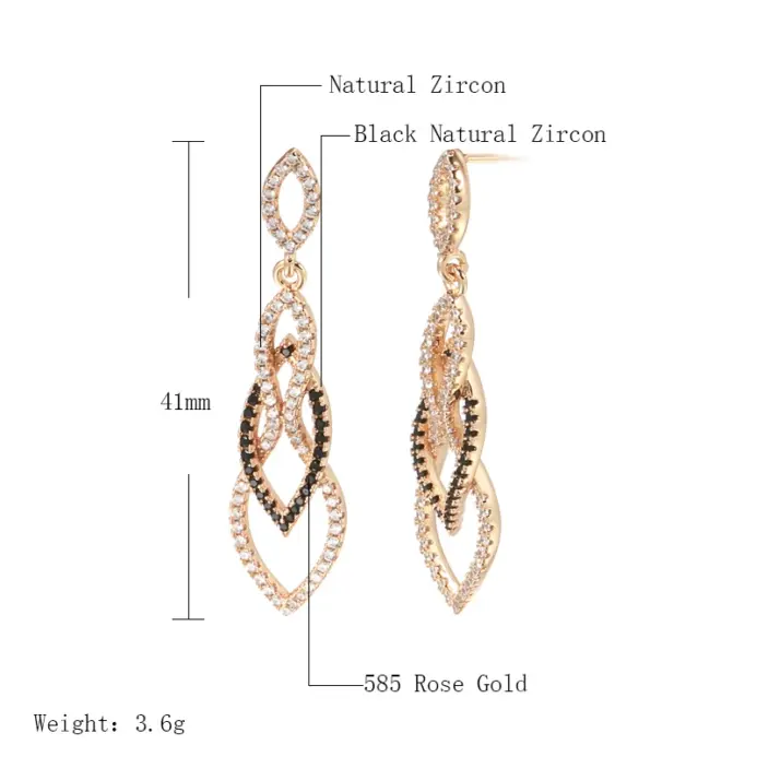 Kinel-pendientes largos de lujo para mujer, Color oro rosa 585, accesorios de circón Natural negro, joyería fina de boda Vintage para uso diario 2