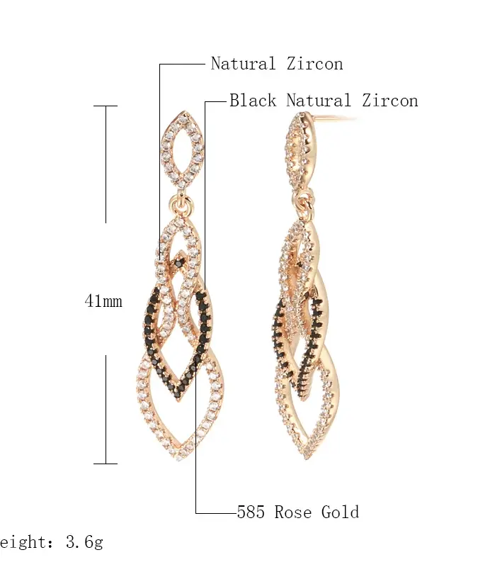 Kinel-pendientes largos de lujo para mujer, Color oro rosa 585, accesorios de circón Natural negro, joyería fina de boda Vintage para uso diario 2