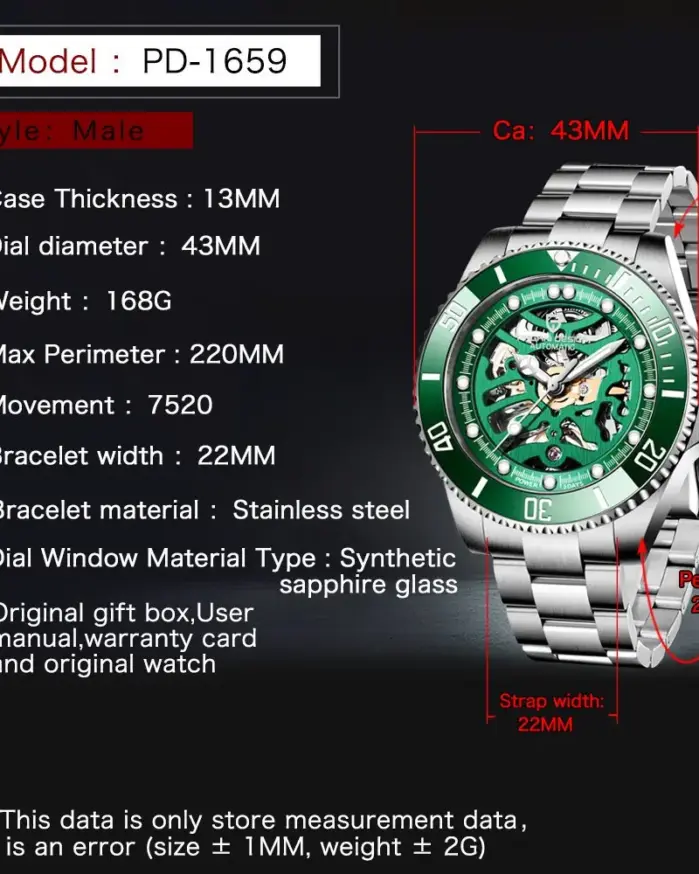 Reloj mecánico automático PAGANI DESIGN para hombre, esfera hueca con diseño de esqueleto, luminoso, resistente al agua hasta 100m, cristal de zafiro. 2