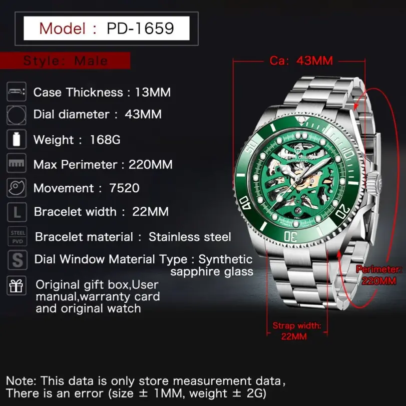 Reloj mecánico automático PAGANI DESIGN para hombre, esfera hueca con diseño de esqueleto, luminoso, resistente al agua hasta 100m, cristal de zafiro. 2