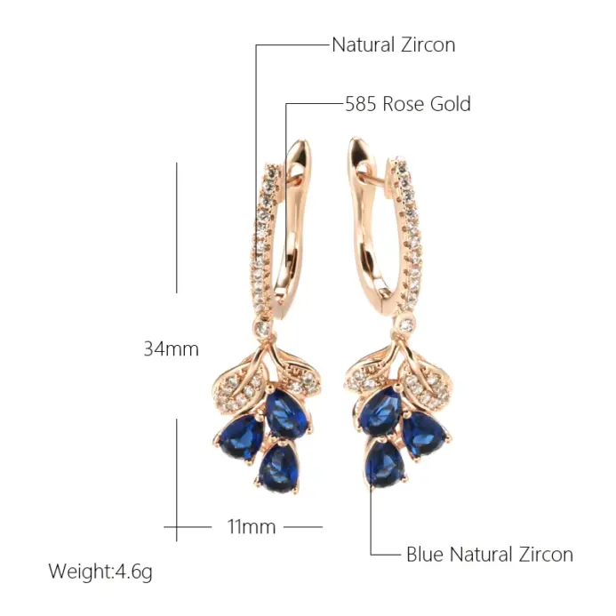 Kienl nuevo 585 pendiente largo de Color oro rosa para mujer Vintage azul circón Natural pendiente de gota de flor joyería diaria de alta calidad 2