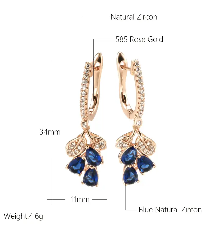 Kienl nuevo 585 pendiente largo de Color oro rosa para mujer Vintage azul circón Natural pendiente de gota de flor joyería diaria de alta calidad 2