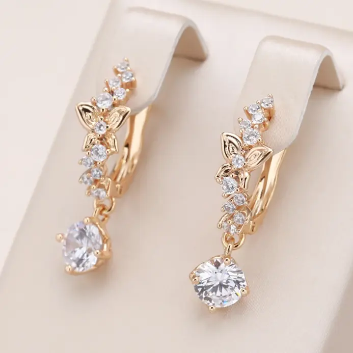Kinel-pendientes de lujo de Color oro rosa 585, circonita Natural ostentosa, deslumbrante pendiente colgante de mariposa hueca, joyería fina para uso diario 1